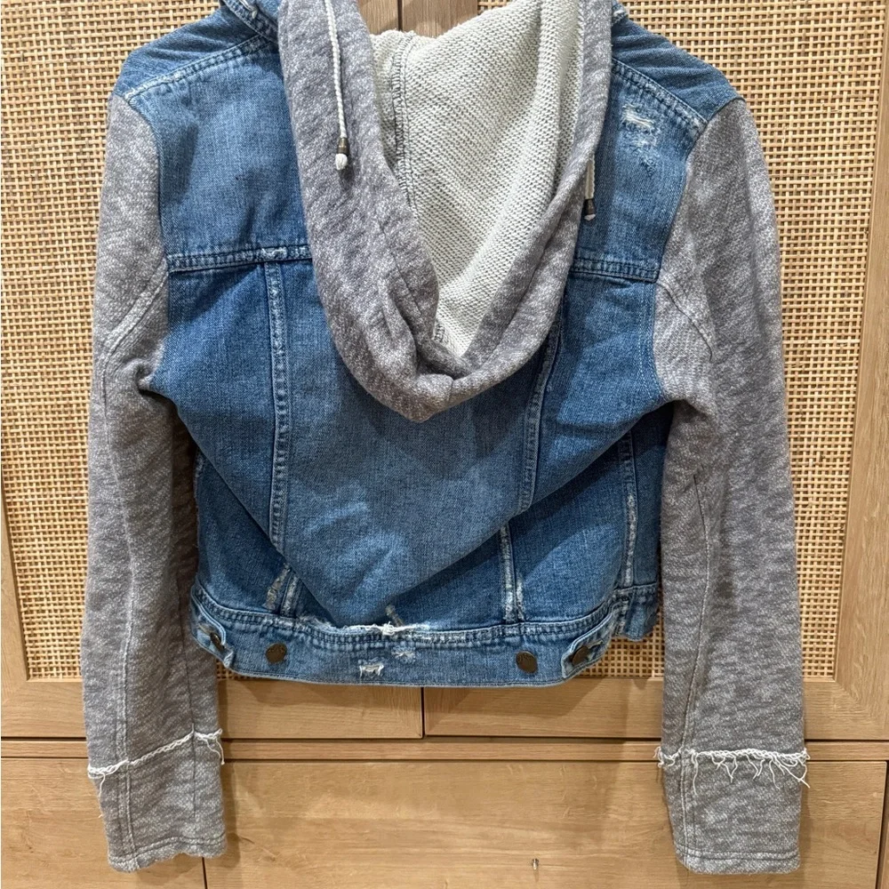 Free People Blue Denim Jacket with Gray Hoodie Sleeves - Picture 3 of 4
